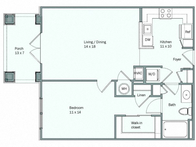 Floor plan for 1 bed, 1 bath, 745 sqft